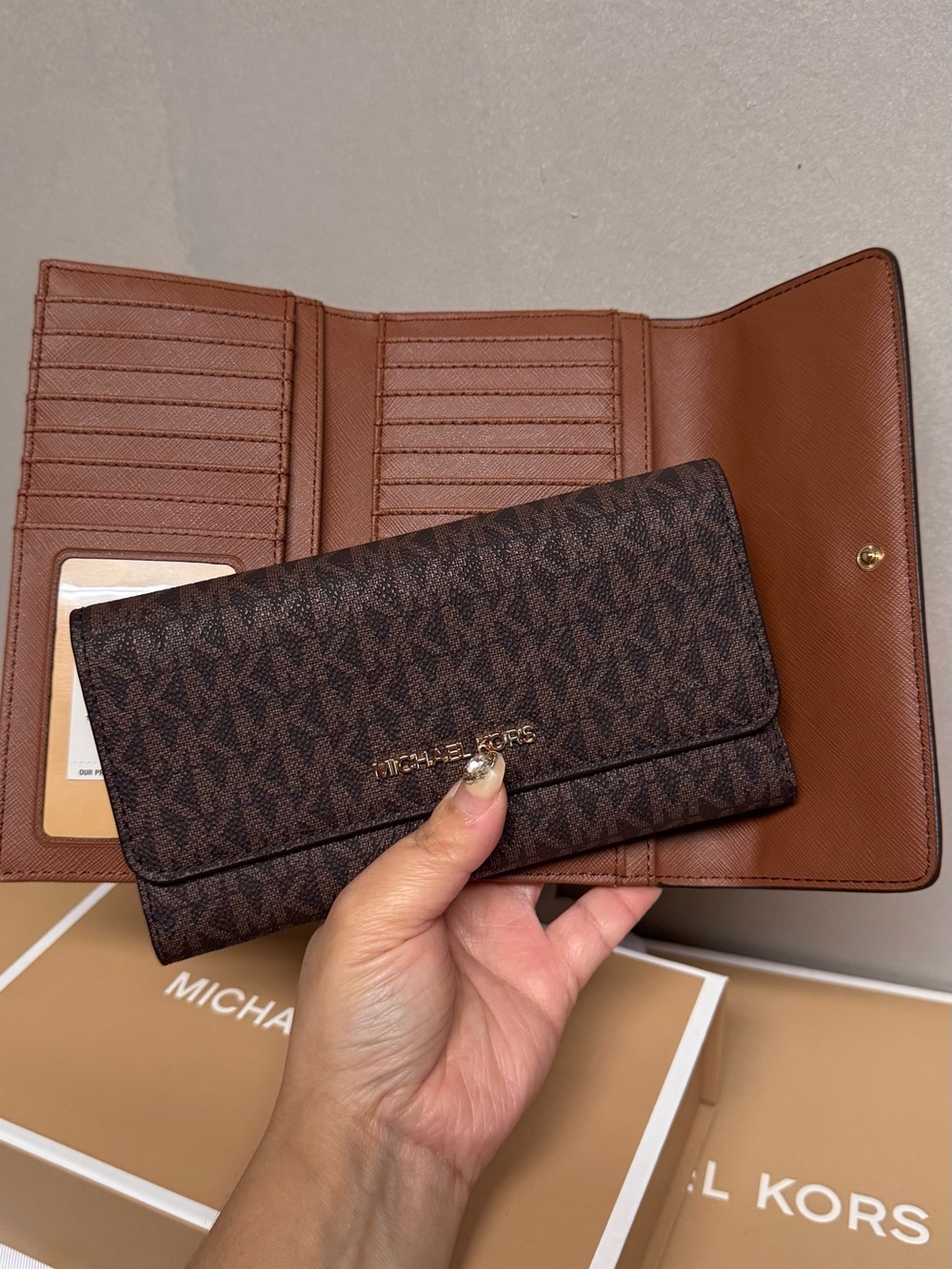 Michael Kors Brown Signature MK Continental Wallet with Gold Logo
